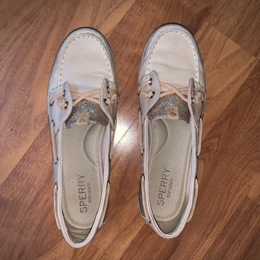Cream/sparkly Sperry shoes
